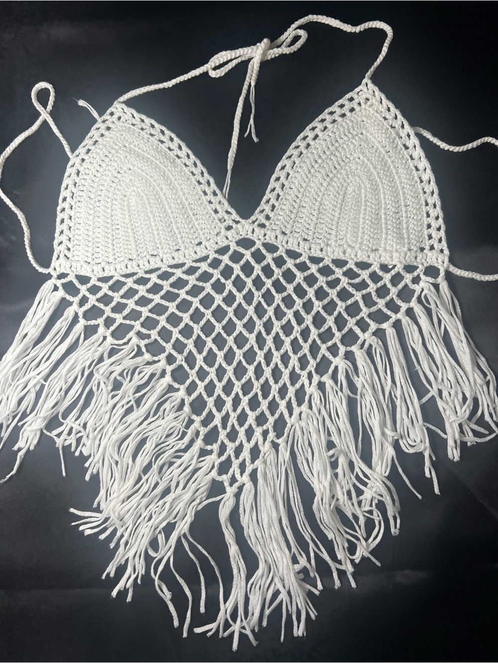 Boho Crochet Fringe Triangle Tie Top White Free Size Festival Beach Cover Up